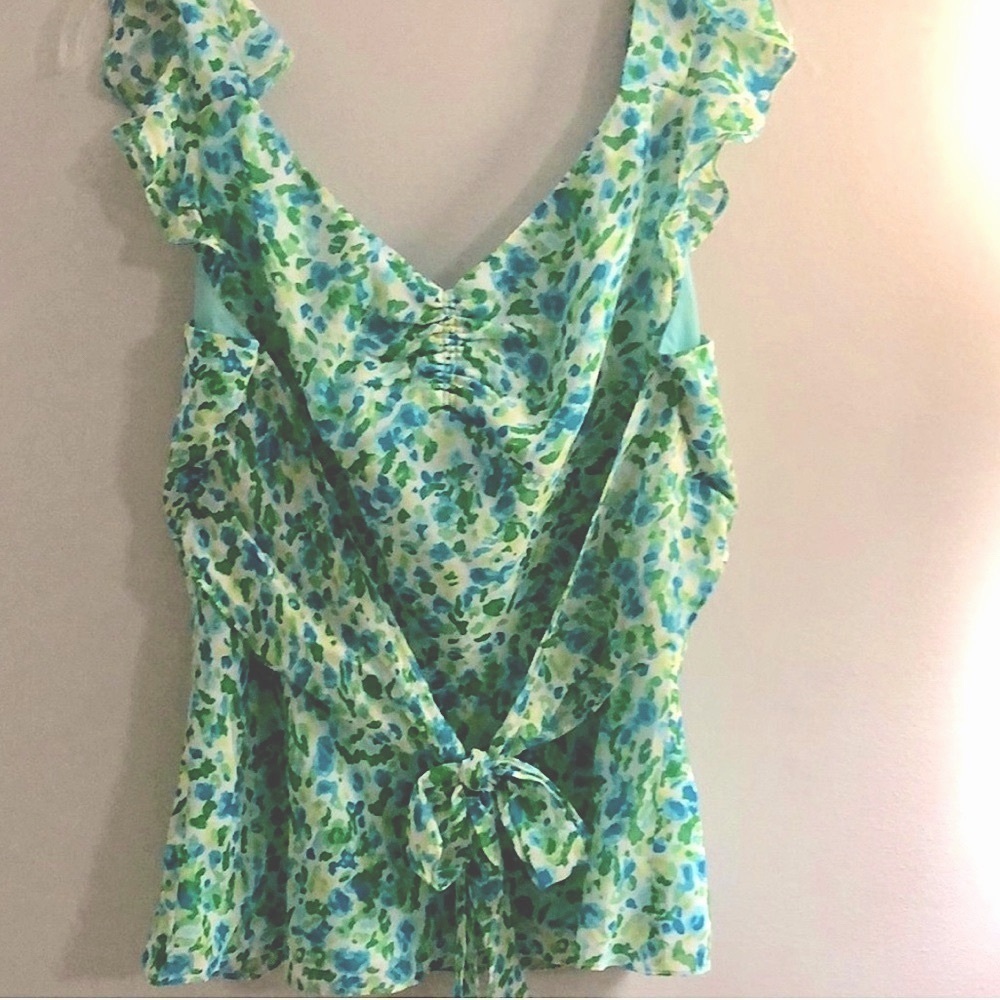 Romance Silky Chiffon Sleeveless Top, Tie Back, Watercolor Blue/Greens, 12 - Picture 8 of 8